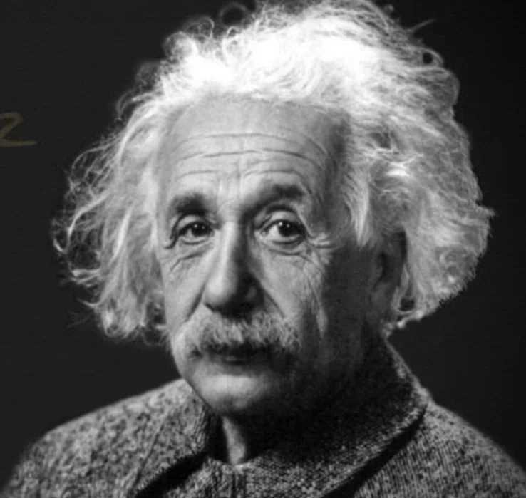 Albert Einstein velho com cabelos brancos em foto preto e branco.